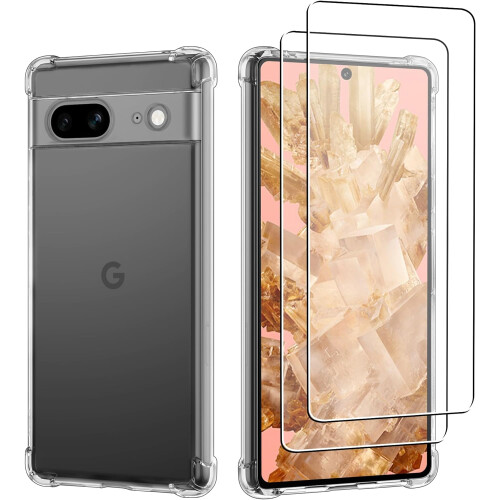 Google Pixel 8 Shockproof Clear Back Case with 2-Pack Tempered Glass Screen Protectors - Slim, Lightweight, Wireless-Charging Ready