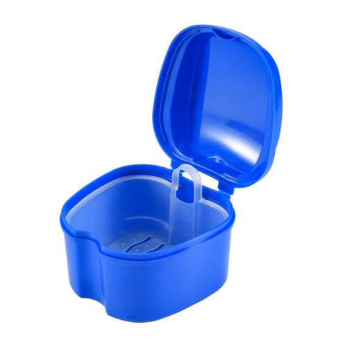Dark Blue Denture Case, Denture Cup with Strainer, Denture Bath Box False Teeth Storage Box with Basket Net Container Holder for Travel 2