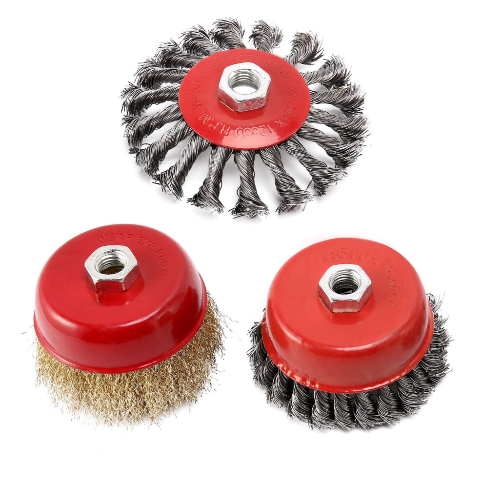 3Pcs Wire Brush for Angle Grinder,100mm Twist Knot Wire Brush+100mm Brassed Crimp Cup+115mm Crimp Bevel Brush,M14 Thread