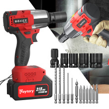 (Red) Electric Impact Wrench Brushless Cordless Wrench Gun 450N.m 21V 2900RPM withLED Light 6.0AH Li-Battery, 4 Sockets and 12pcs Drilling Bit Case