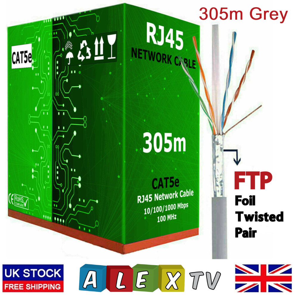 305M Cat5e Ethernet Network Rj45 Gigabit Cable 4Pair Ftp Pull Reel Box Grey 3301424102668
