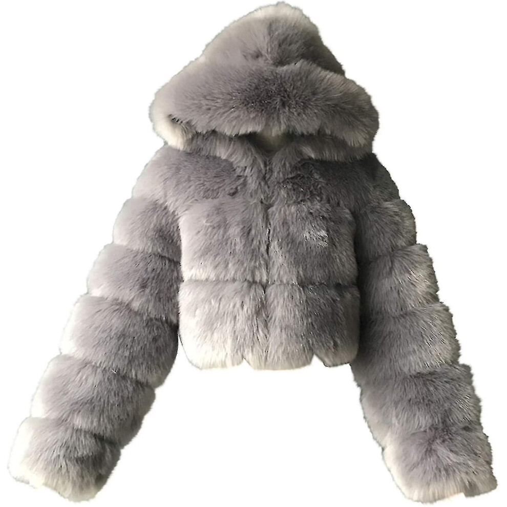 (Gray, 3X-Large) Faux Fur Coat Women With Hood Cropped Bubble Coats Fleece Short Warm Jackets Plus Size Winter Coats For Women