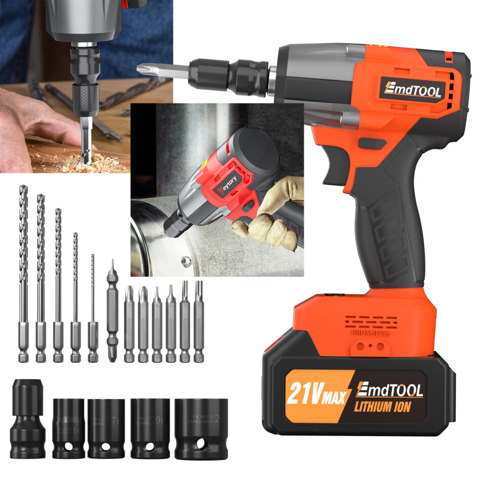 (Orange) Cordless Impact Wrench 450N.m Brushless Variable Speed with 6.0Ah Battery 2900RPM, 4 Size Sockets,12pcs Drilling Bits and Carry Case