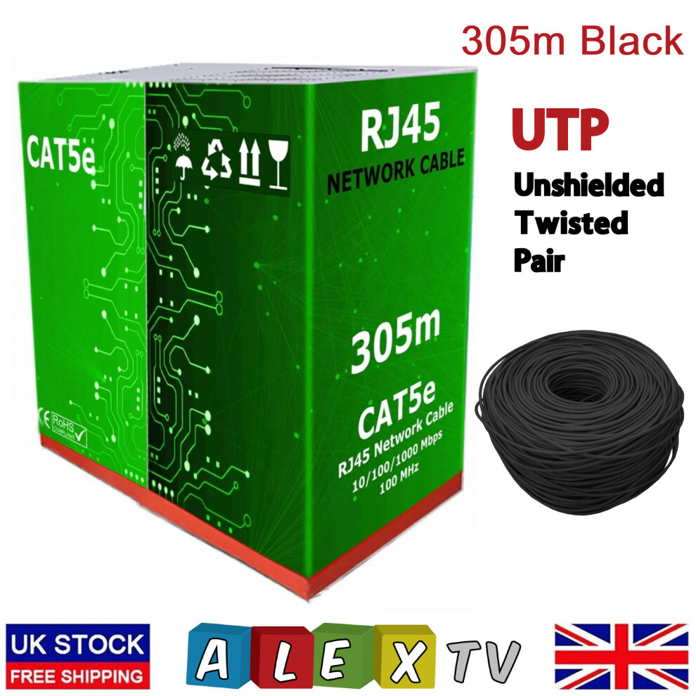 305m CAT5e Ethernet Network RJ45 Gigabit Cable 4Pair UTP Pull Reel Box Black
