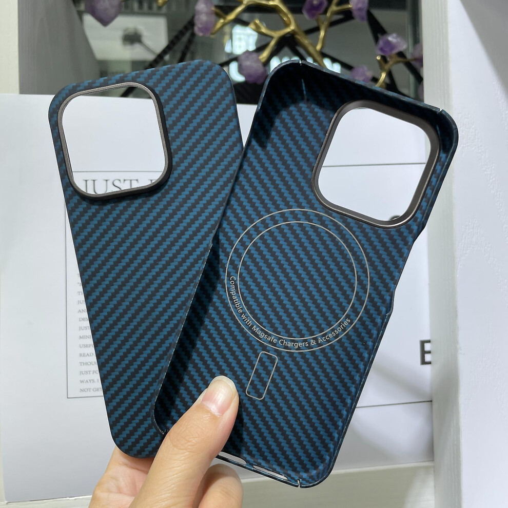 (Black Blue) Magnetic Carbon Fiber Case For Iphone 15 Pro Max, Compatible With Magsafe Sturdy Durable Thin Case Aramid Fiber Skin Case Blue,Black 9033322986180