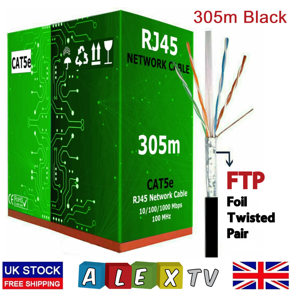 305m CAT5e Ethernet Network RJ45 Gigabit Cable 4Pair FTP Pull Reel Box Black