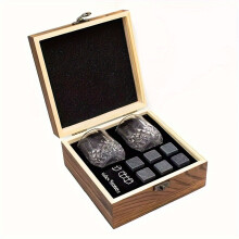 (Brown) Whiskey Gift Set, Natural Ice Stones And Glassware With Wooden Box, Whiskey Accessories, Bar Decor, Home Bar Essentials, Glass Material, Wood Material