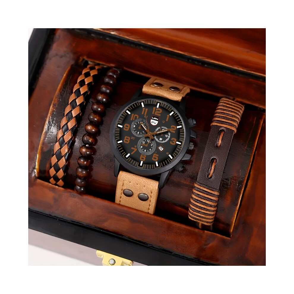 (4PCS Set Khaki) Fashion Men's Sports Calendar Quartz C& Bracelets Set, Ideal choice for Gifts-image-OPC-PDQK5T5-NEW