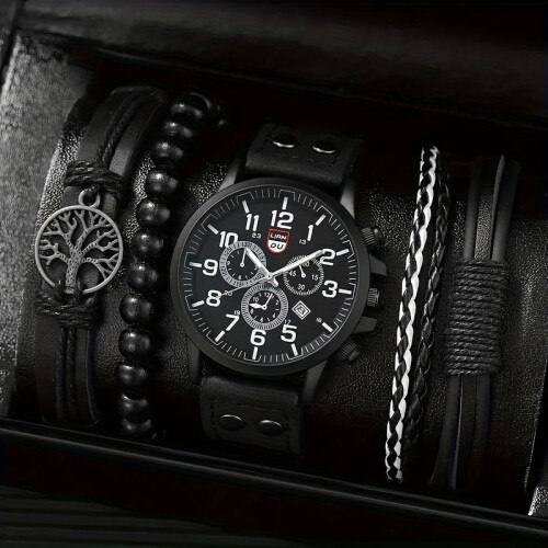 (5PCS Set Black) Fashion Men's Sports Calendar Quartz C& Bracelets Set, Ideal choice for Gifts