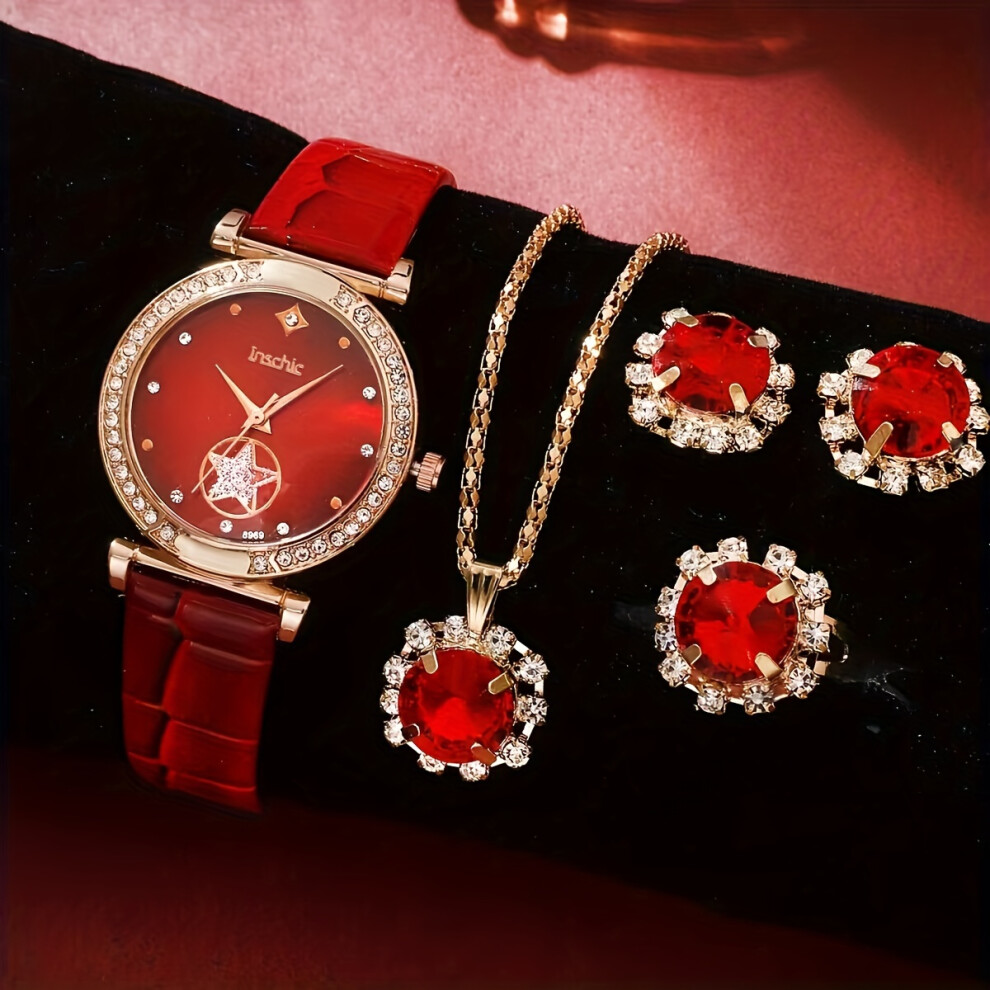 (Red) Women's Watch Luxury Rhinestone Quartz Watch Vintage Star Analog Wrist Watch & Jewelry Set, Gift For Mom Her