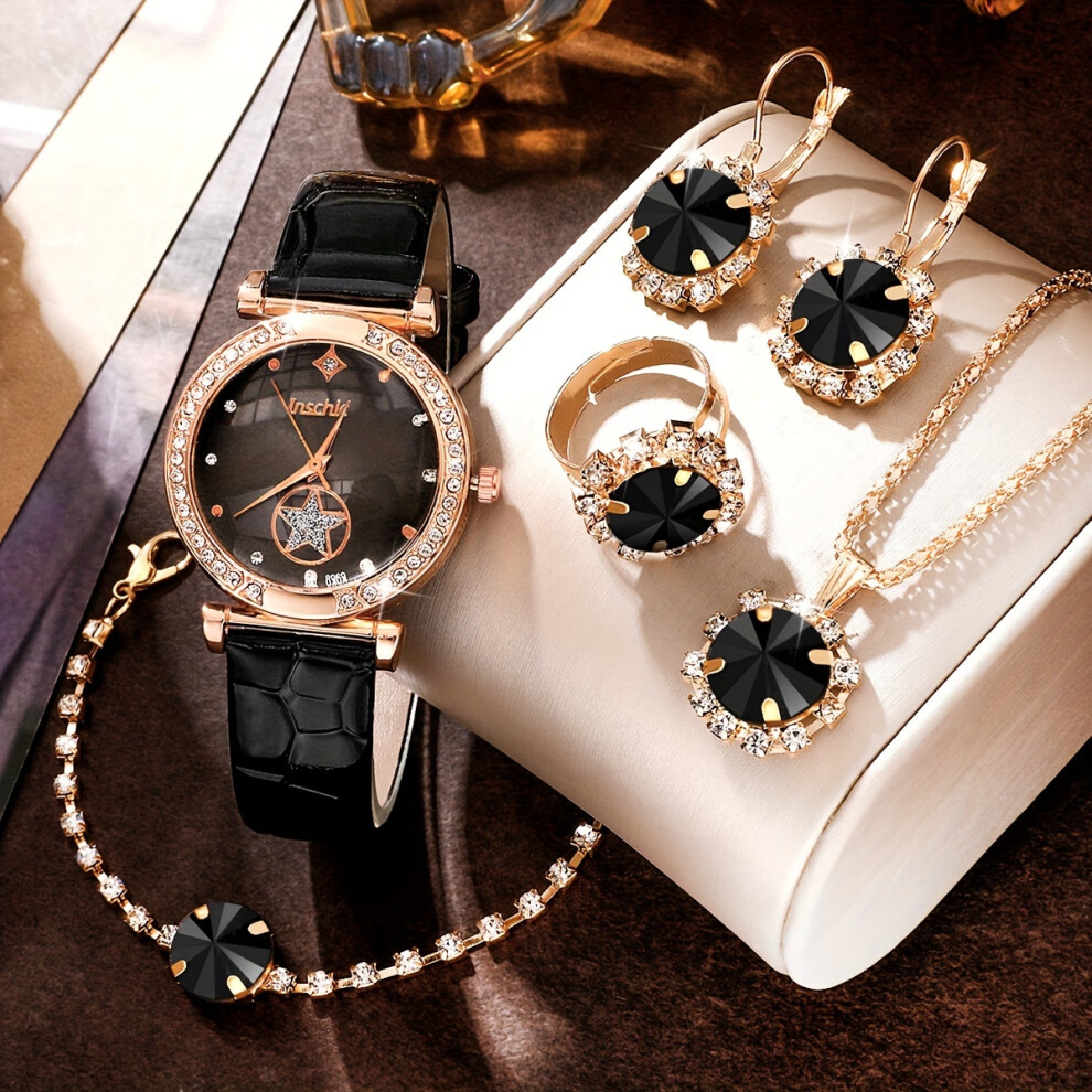 (Black) Women's Watch Luxury Rhinestone Quartz Watch Vintage Star Analog Wrist Watch & Jewelry Set, Gift For Mom Her