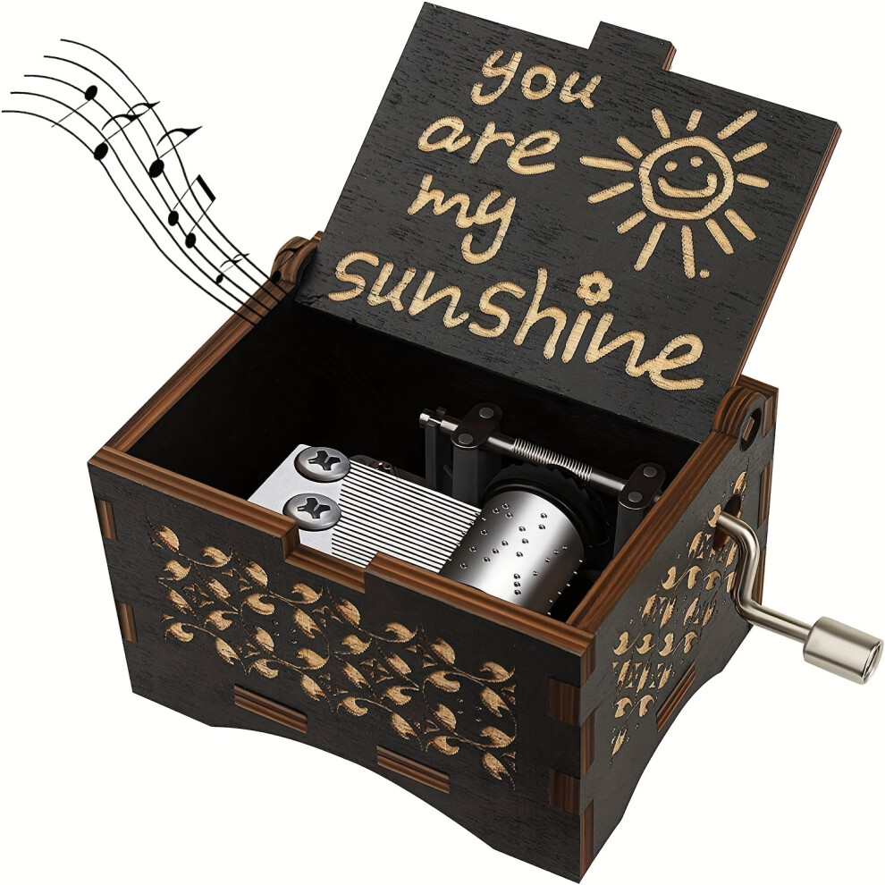 (Black) You Are My Sunshine Music Boxï¼Hand Crank Wooden Vintage Laser Engraved Small Music Box