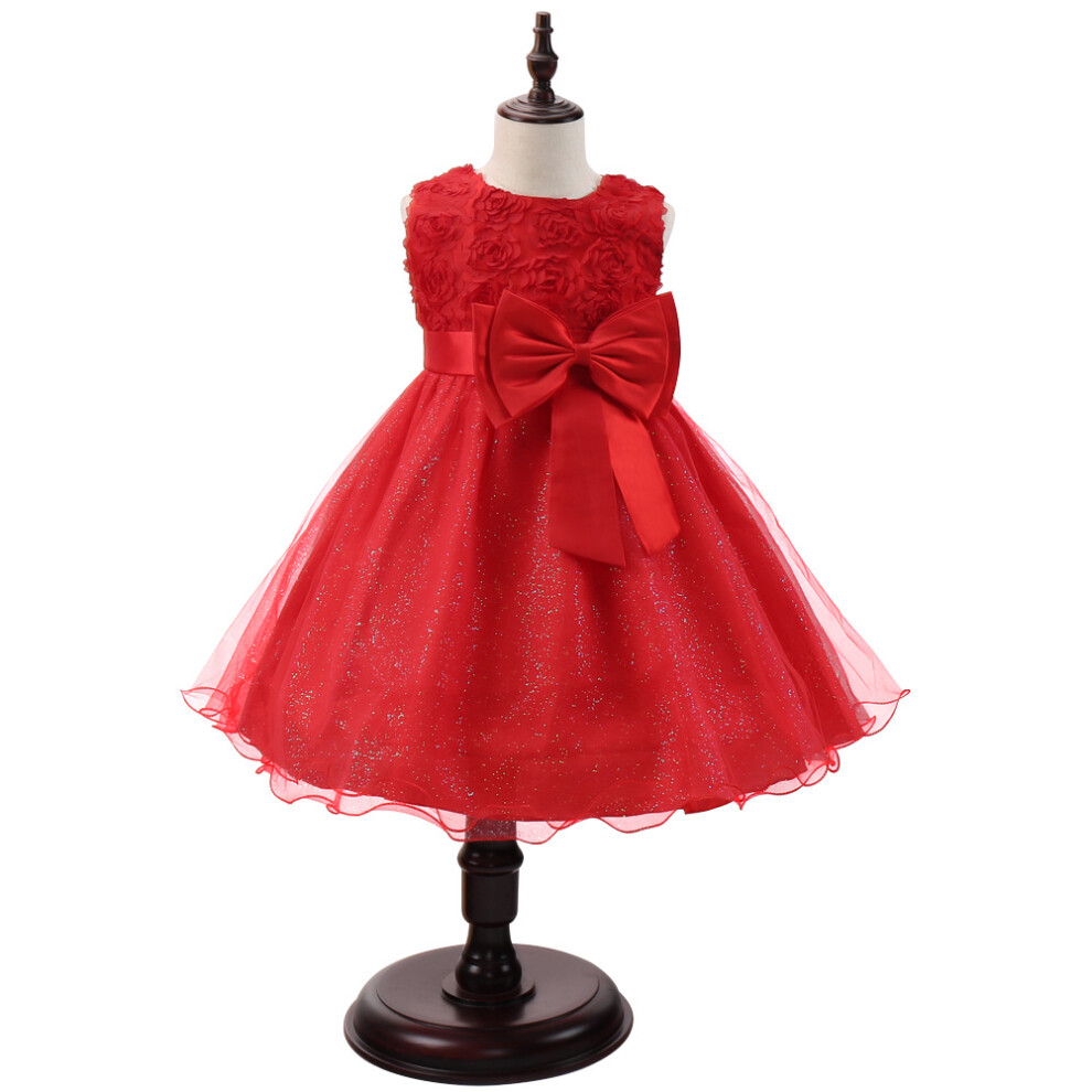 (Red, 1-2Years) Children Kids Girls Princess Bow Mesh dress UK