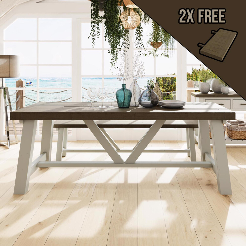 2M Solid Reclaimed Pine Truffle Finish Dining Table With 2 Free Extension Leafs