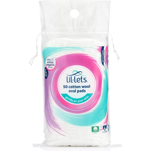 Lil-Lets 100% Pure Cotton Wool Oval Pads 50 Count Certified Organic Extra Large Soft and Absorbent Gentle on Skin Dermatologically Tested