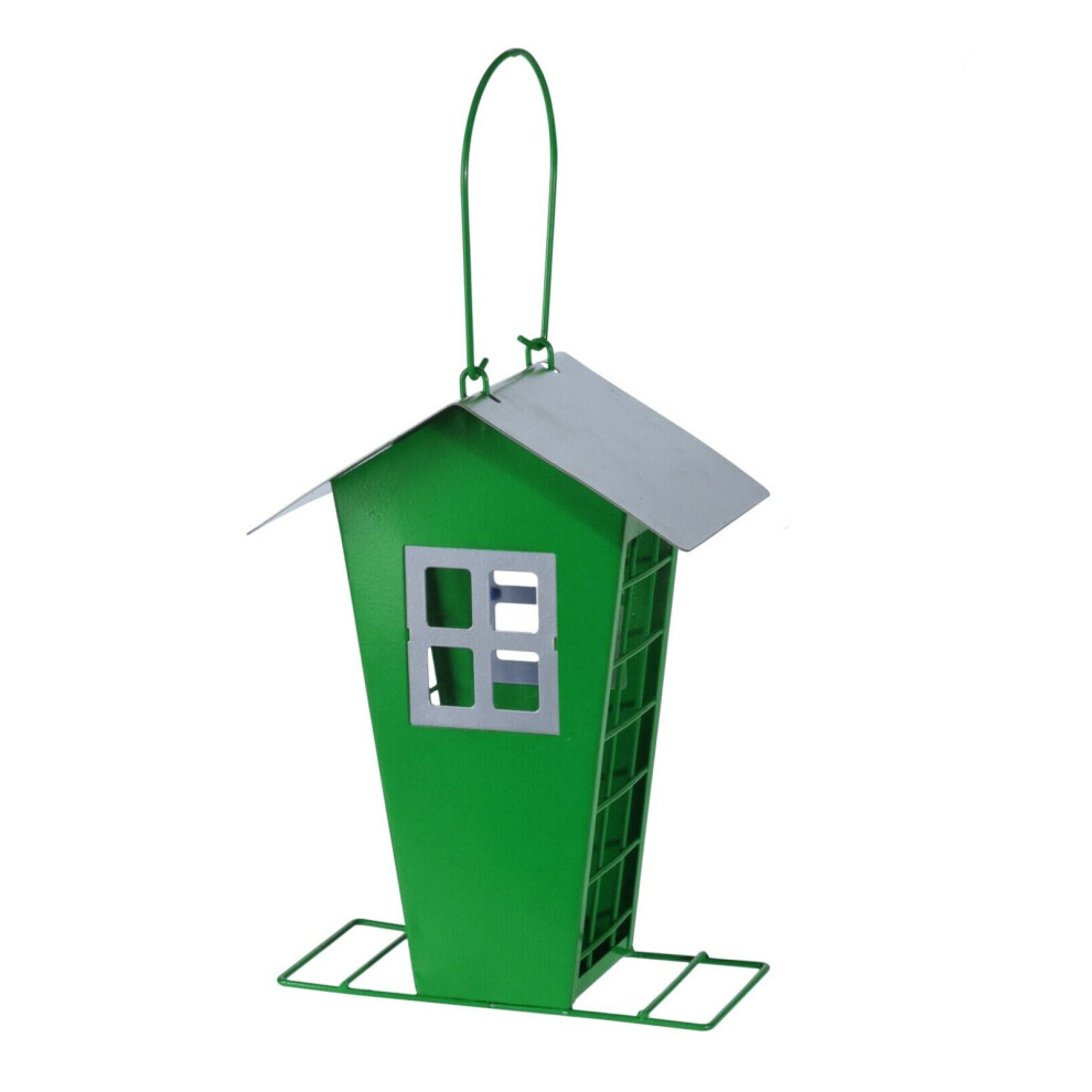 (Green) Hanging Bird Feeder Metal Beach Hut Wild Nuts Fat Ball Garden Feeding Station