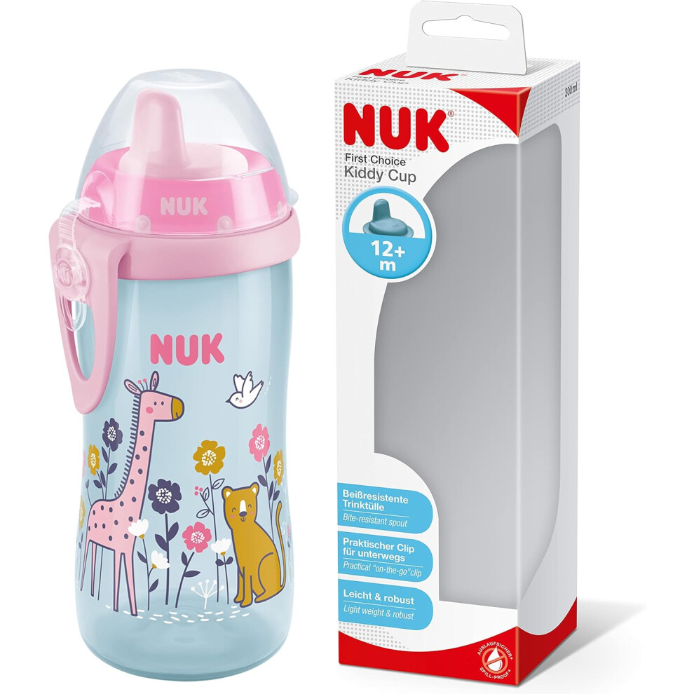 NUK Kiddy Cup Toddler Cup 12+ Months 300 ml Leak-Proof Toughened Spout Clip & Protective Cap BPA-Free Pink