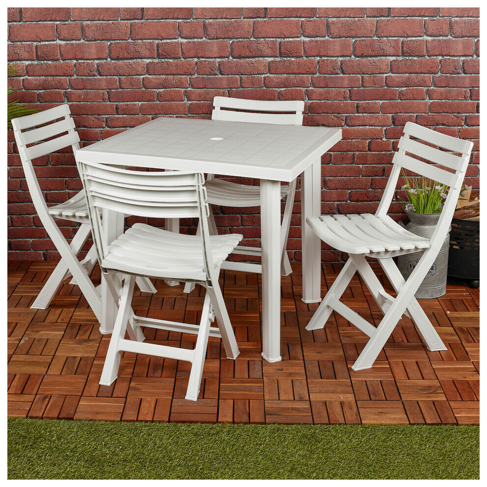 (5 Piece Set) White Plastic Garden Dining Table with Chairs Set Patio Deck Outdoor Furniture