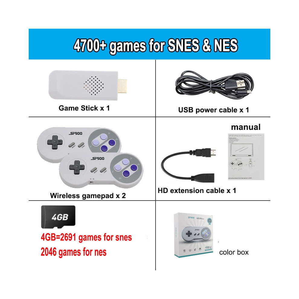 (4700 games with box) SF900 Classic Retro Video Game Console 4700 Games 16 Bit Mini Consola Wireless 4K HD TV Game Stick for Super Nintendo SNES NES