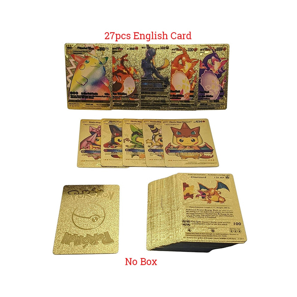 (27pcs English Cards) New Pokemon Cards Gold Silver Vmax GX Card Box Charizard Pikachu Rare