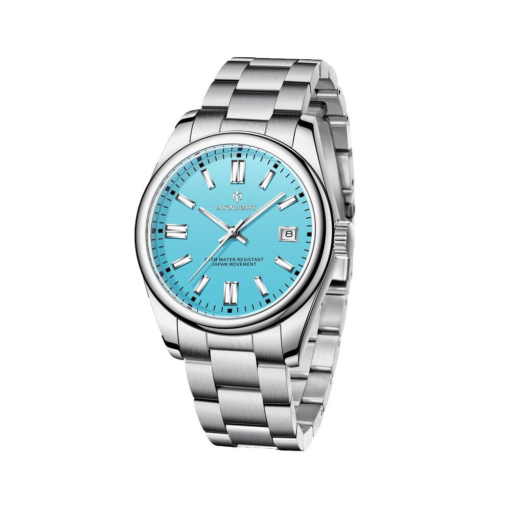 (Blue) AKNIGHT Watch for Men Analog Quartz Wristwatches Waterproof Chronograph Watches Stainless Steel Band Watches