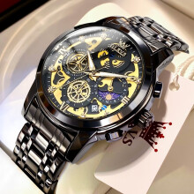 (all black) OLEVS Men's Watches Top Brand Luxury Original Waterproof Quartz Watch for Man Gold Skeleton Style 24 Hour Day Night New Watches