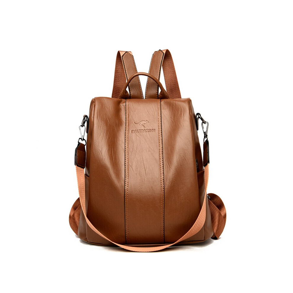 (Brown) Anti-theft leather backpack women vintage shoulder bag ladies high capacity