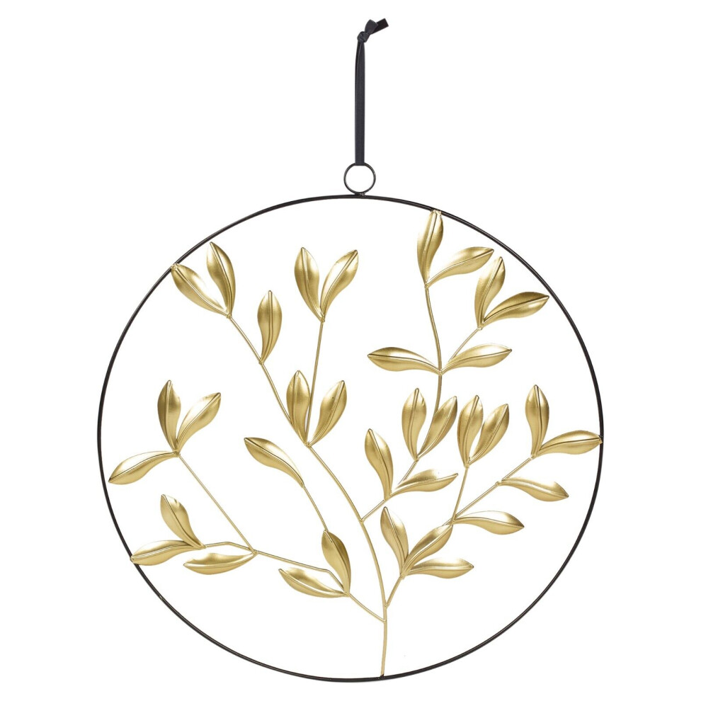 Black Metal Circle Wall Art Hanging Decoration with Gold Leaves Design Home Decor