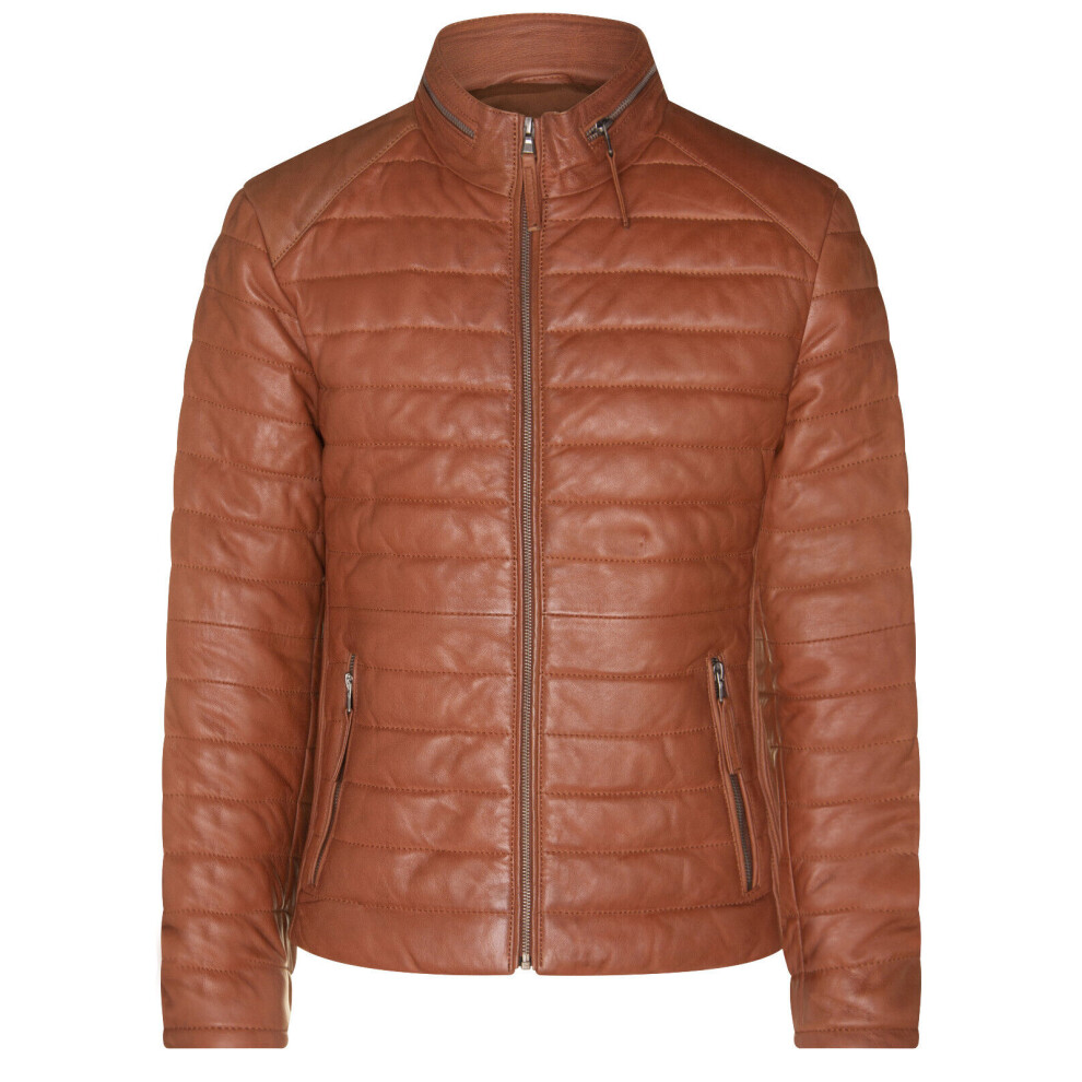 (XL) Men's Brown Quilted Leather Tan Warm Vintage Puffer Biker Jacket