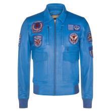(M) Men's Blue Leather Air Force Badge Pilot Retro Flying Bomber Jacket