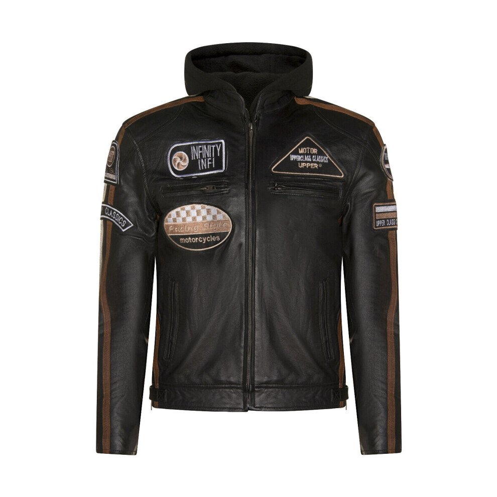 (4Xl) Mens Leather Biker Hood Racing Moto Jacket Black 5056611986689