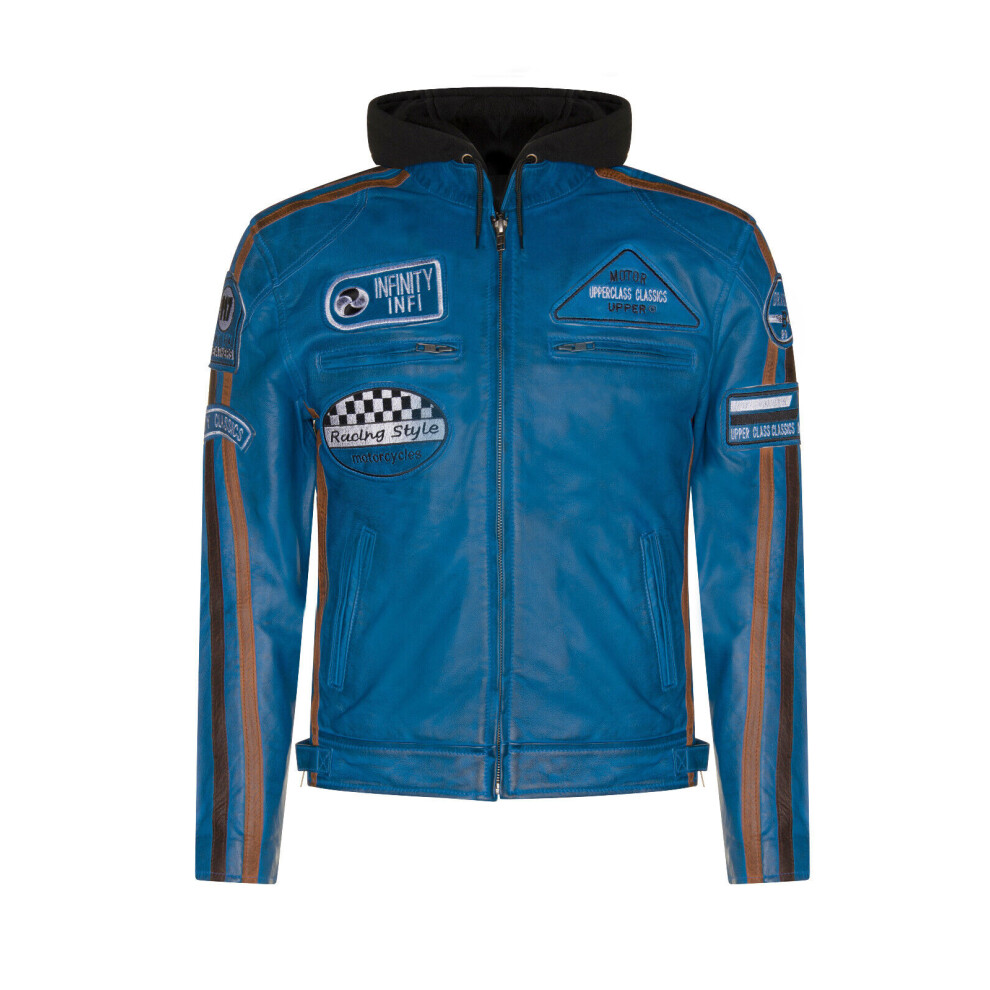 Infinity Leather Men's Blue (3Xl) Leather Biker Hood Racing Moto Jacket