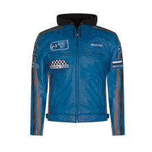 (XS) Mens Blue Leather Biker Hood Racing Moto Jacket