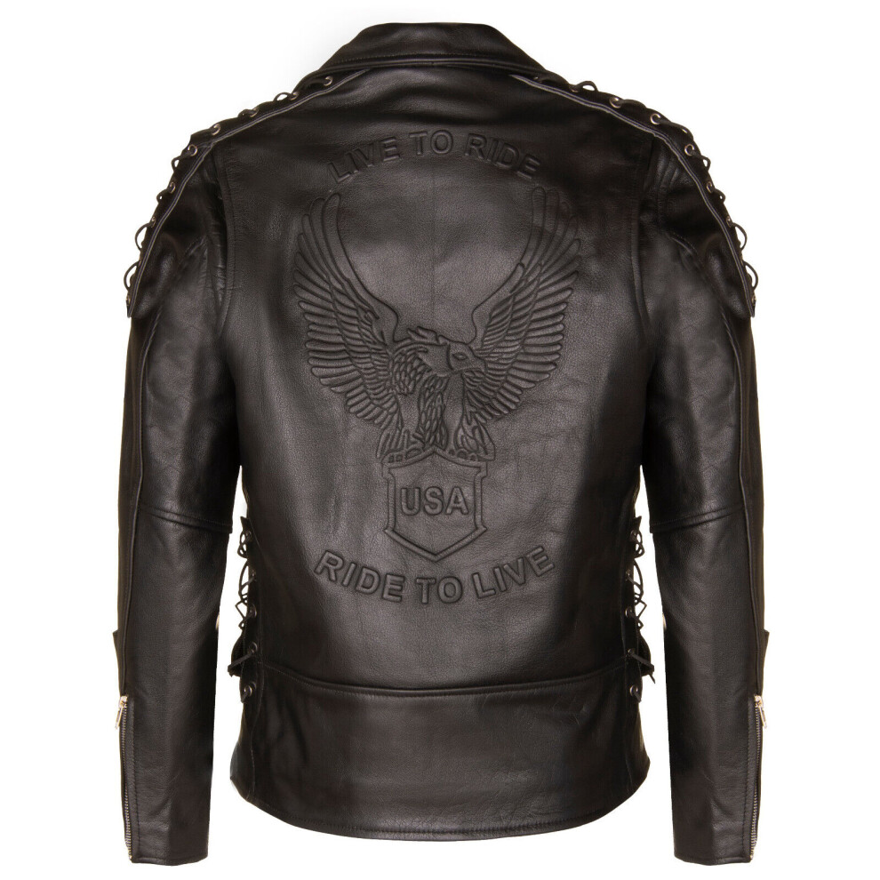 (M) Men's Brando Biker Jacket Live To Ride Embossed Eagle Leather Vintage Black 5056611978905