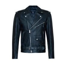 (2XL) Men's Leather Brando Motorcycle Jacket Black EMBOSSED RED INDIAN BACK Cowhide