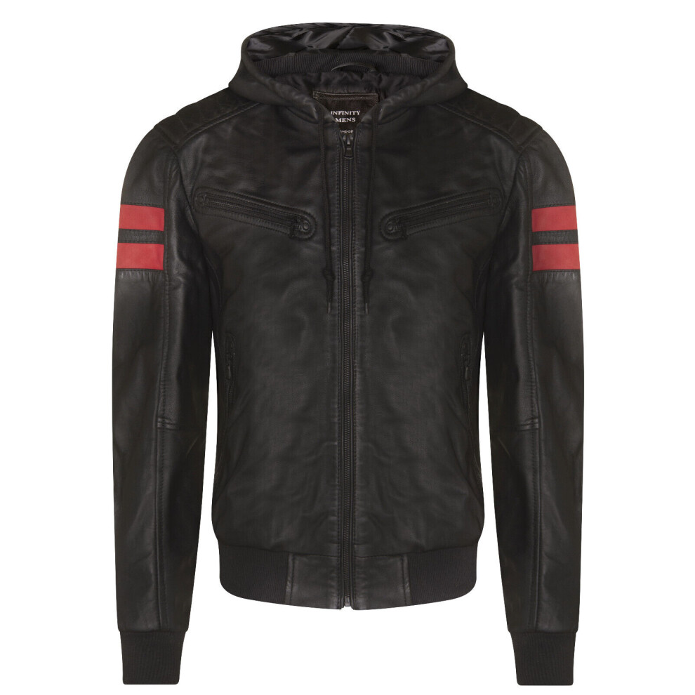 (XL) Men's Black Leather Vintage Hooded Retro Casual Zipped Bomber Jacket