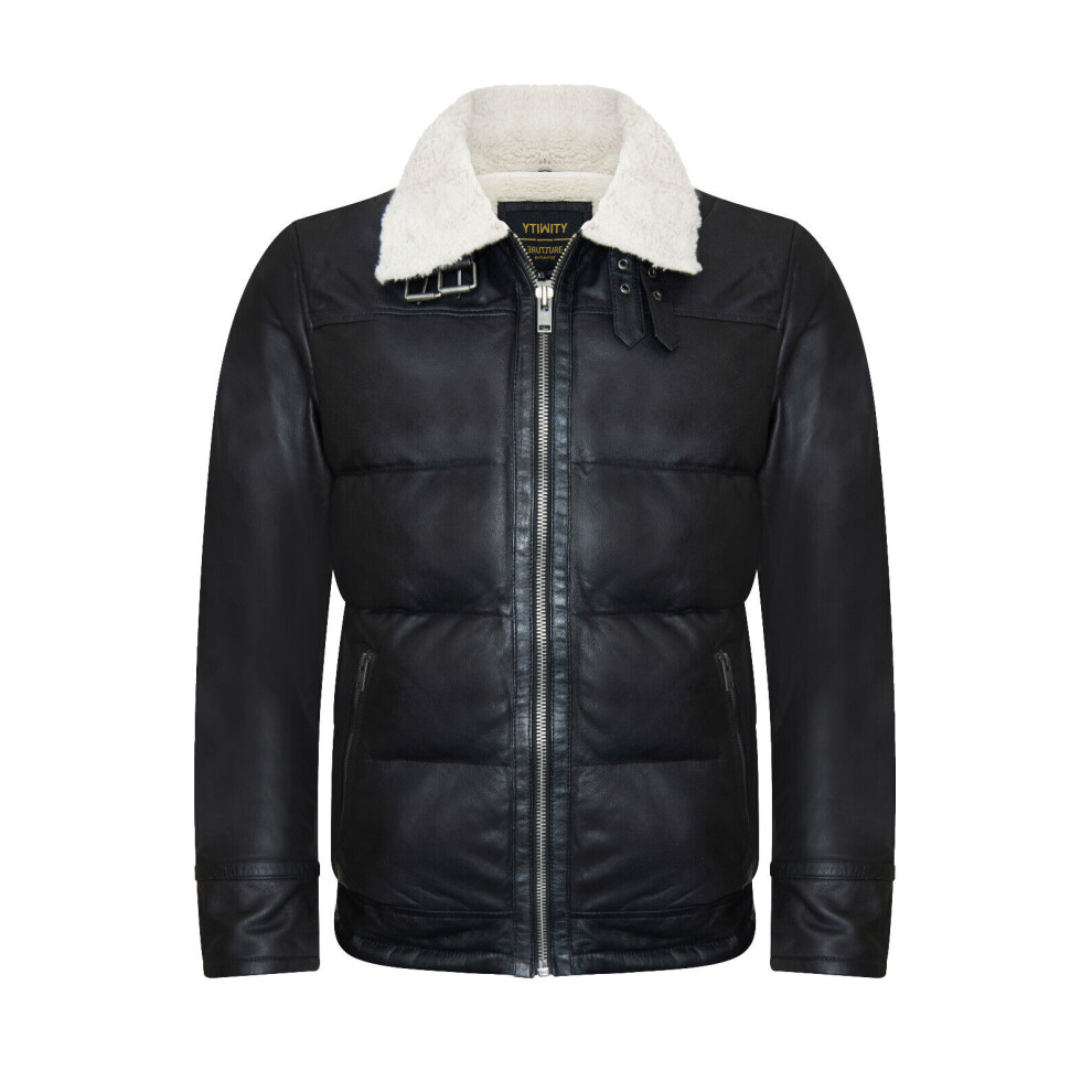 (L) Men's Black Aviator Leather Jacket Quilted Bomber Warm Biker Puffer Jacket-image-OPC-PDQMFK8-NEW