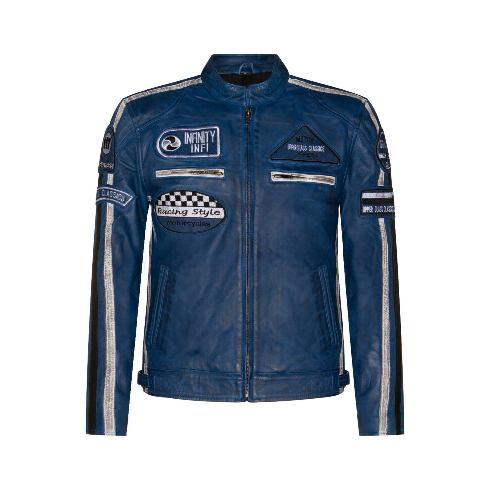 (3Xl) Mens Leather Biker Badges Racing Moto Jacket Blue 5056611987037