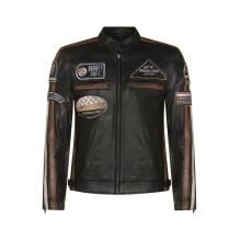 (5XL) Mens Black Leather Biker Badges Racing Moto Jacket