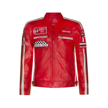 (4XL) Mens Red Leather Biker Badges Racing Moto Jacket