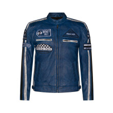 (XS) Mens Blue Leather Biker Badges Racing Moto Jacket