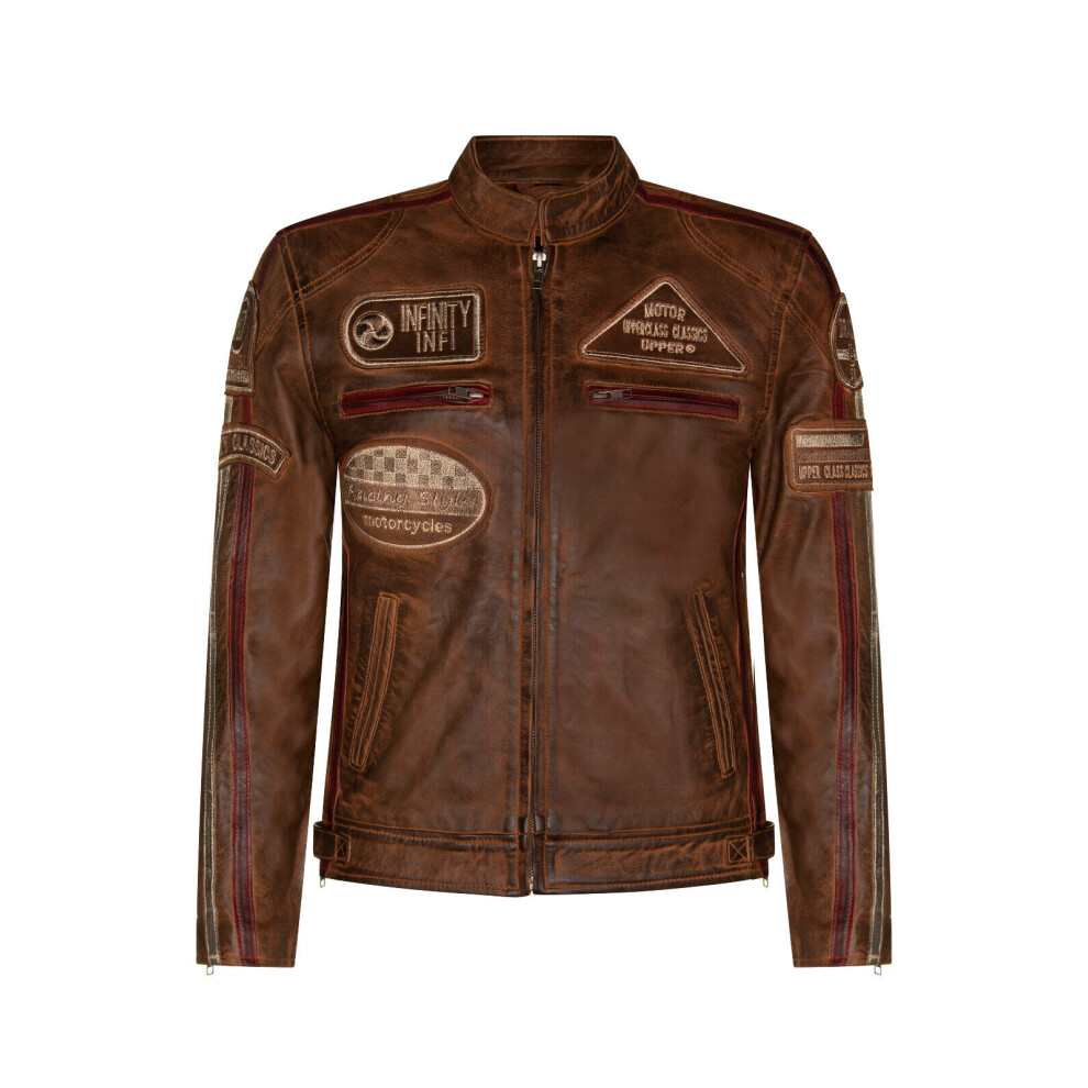 (2XL) Mens Tan Leather Biker Badges Racing Moto Jacket-image-OPC-PDQMFNK-NEW