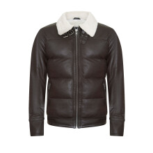 (L) Men's Brown Aviator Leather Jacket Quilted Bomber Warm Biker Puffer Jacket