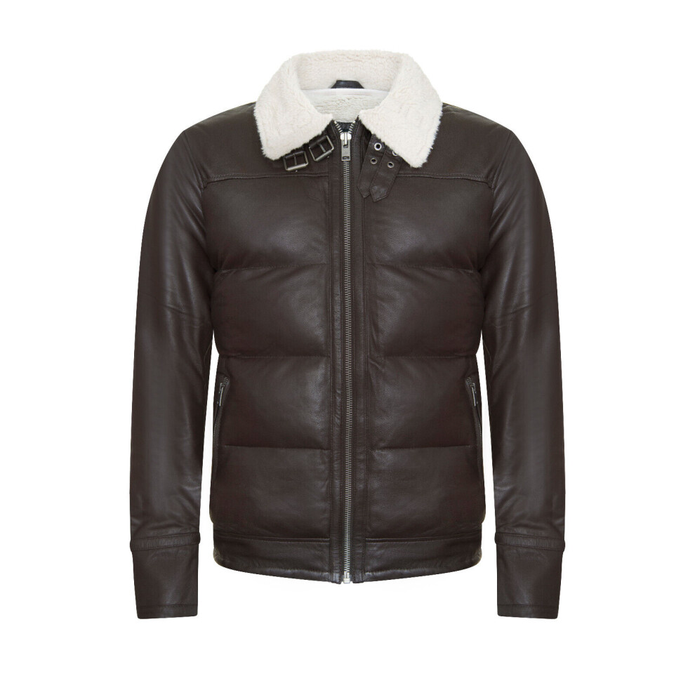 Infinity Leather (L) Men's Brown Aviator Leather Jacket Quilted Bomber Warm Biker Puffer Jacket