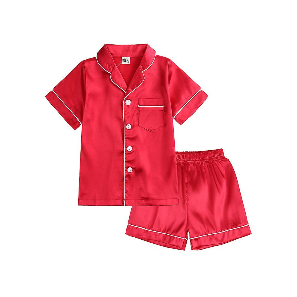 (RED, 160) Pajama Set For Kid Baby Boy Girl Button-up Silk Pajama Sleepwear Nightwear Loungewear Clothes Set