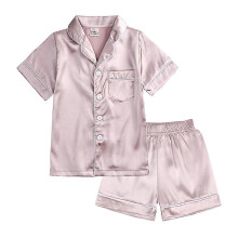 (BEIGE, 160) Pajama Set For Kid Baby Boy Girl Button-up Silk Pajama Sleepwear Nightwear Loungewear Clothes Set