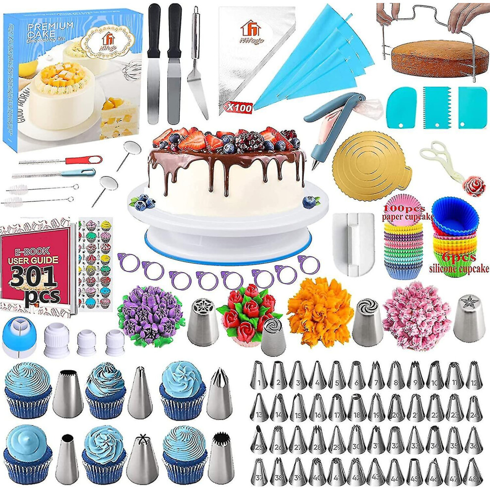 Professional Baking Kit 301 Pieces, Cake Turntable, Pastry Nozzles, Piping Bag, Cake Decorating Kits For Icing