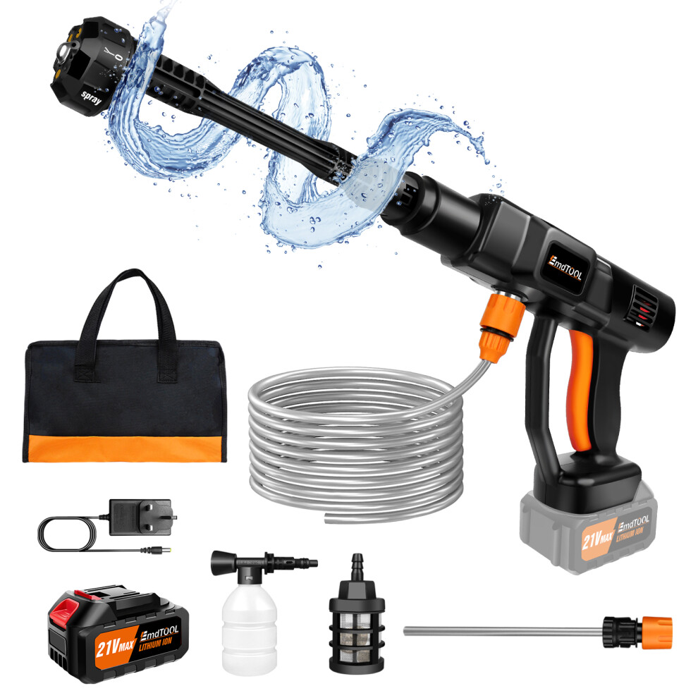 (Orange/Black) 21V Cordless Pressure Washer Portable Power Washer with 3.0Ah Battery Carry Bag for Cars, Floors, Fences