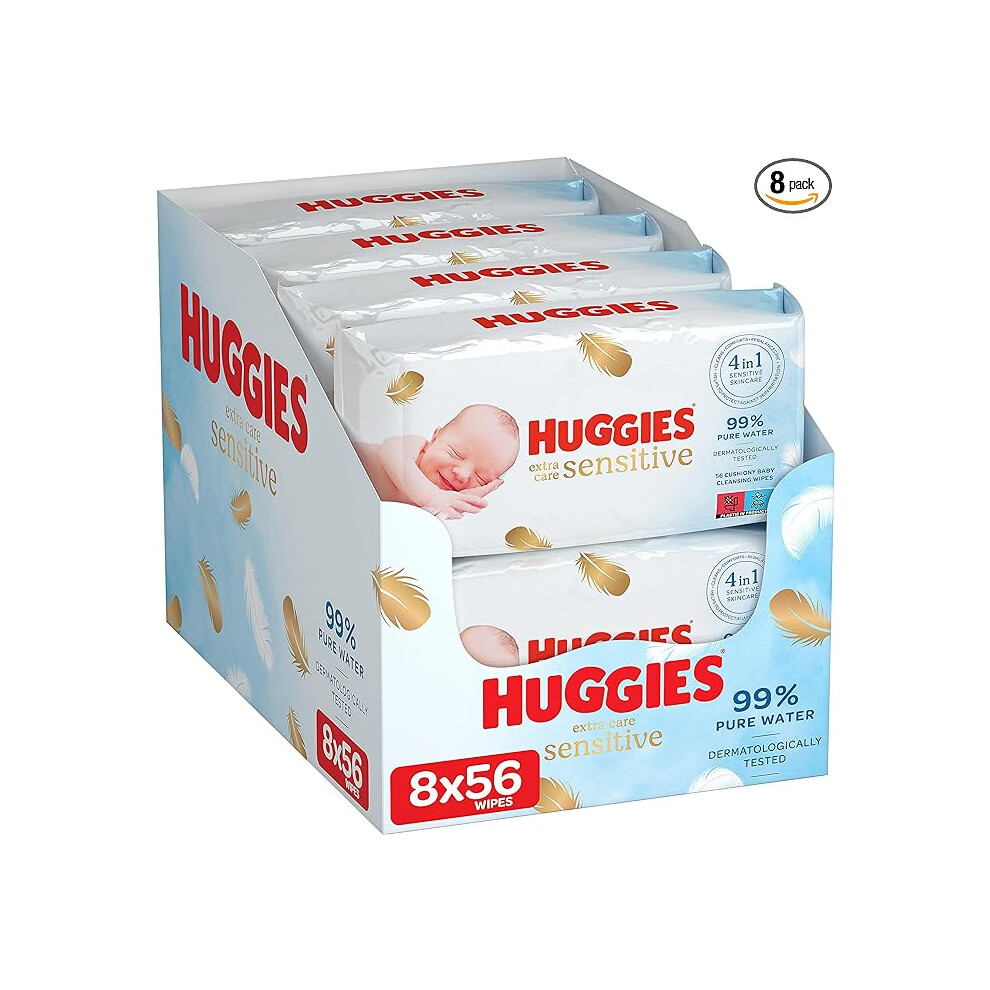 Huggies Pure Extra Care, Baby Wipes 8 Packs (448 Wipes Total) Fragrance Free Wet Wipes for Sensitive Skin - 99 Percent Pure Water with Natural Fibres