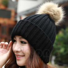 Unisex Womens Warm Wool Knitted Raccoon Fur Pom Beanie Bobble Ski Hat Slouch Cap